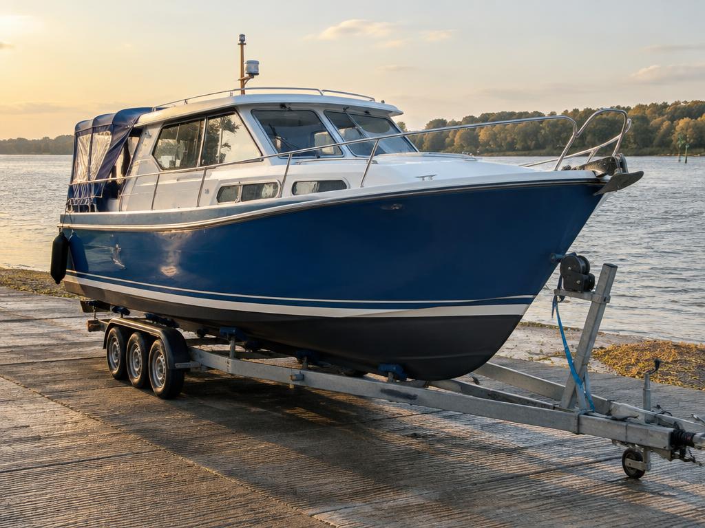 Großes blaues Boot auf dem Bootsanhänger am Rheinanleger