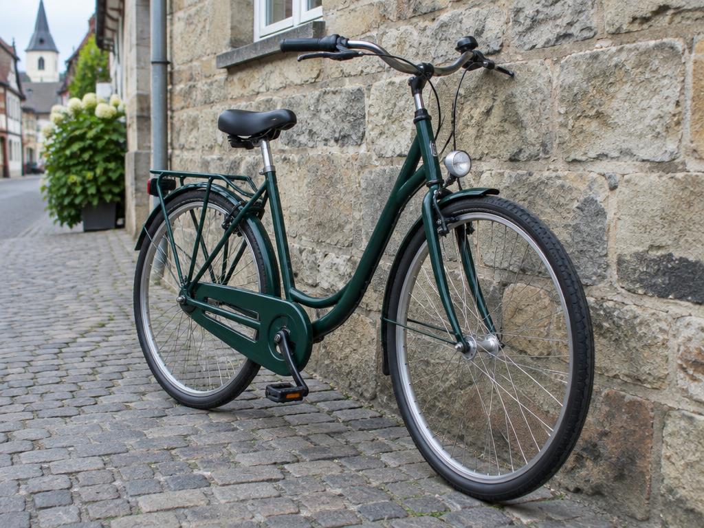 Grünes Fahrrad an einer Steinmauer in der Altstadt