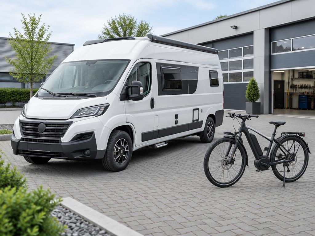 Wohnmobil und E-Bike vor dem Werkstattgebäude