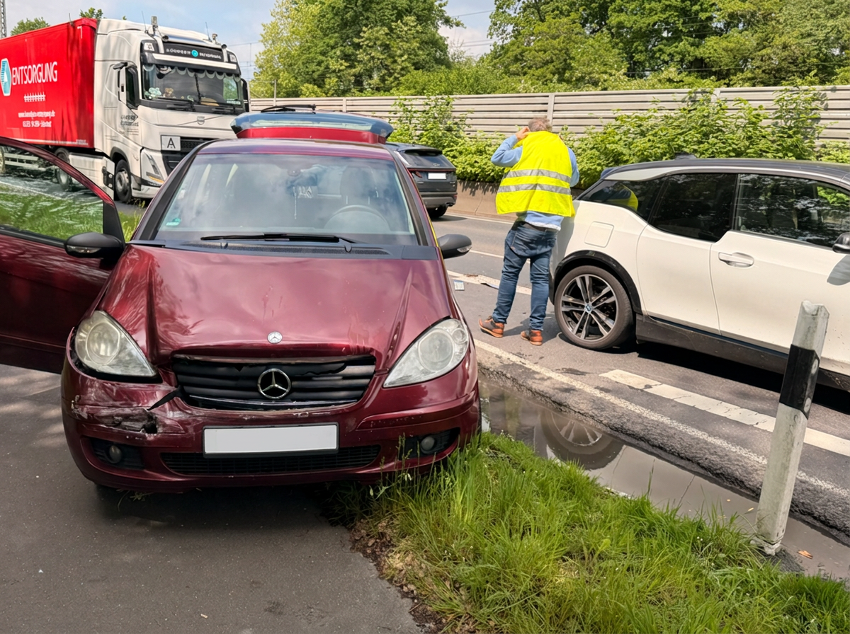 Mercedes mit Frontschaden an der Unfallstelle