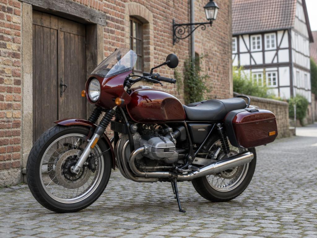 Dunkelrotes Motorrad in einer Altstadtgasse