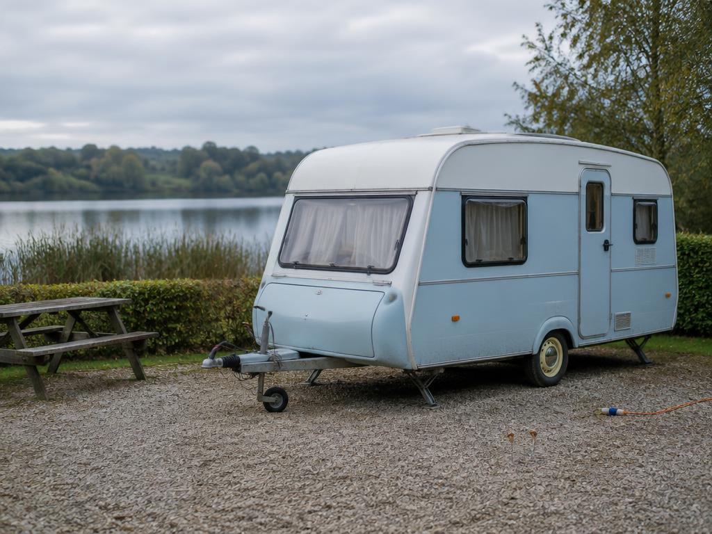 Hellblauer Wohnanhänger auf einem Campingplatz am See